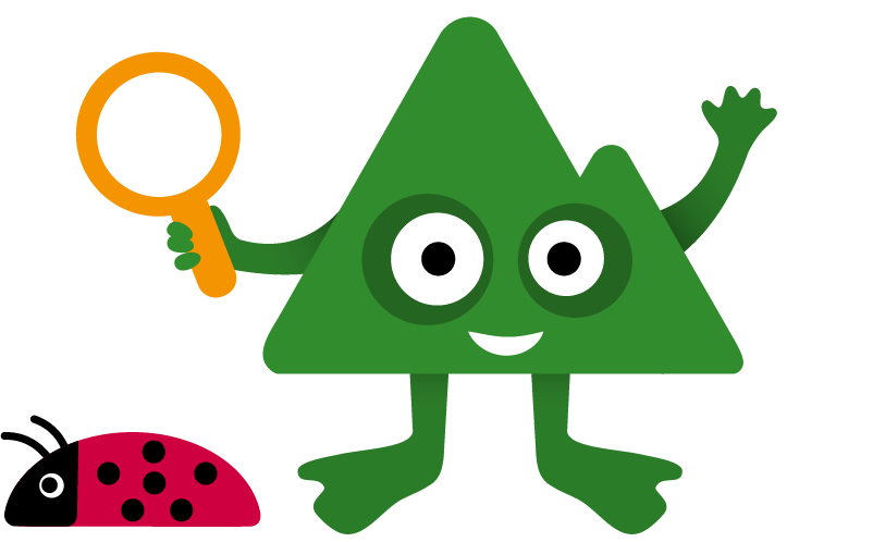 Ute-Ugo, en av våra lärvänner (figurer) med ett förstoringsglas i handen och en nyckelpiga på marken