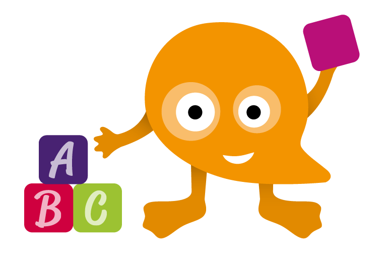 Alfabeta, en av våra lärvänner (figurer) med byggklossar i handen