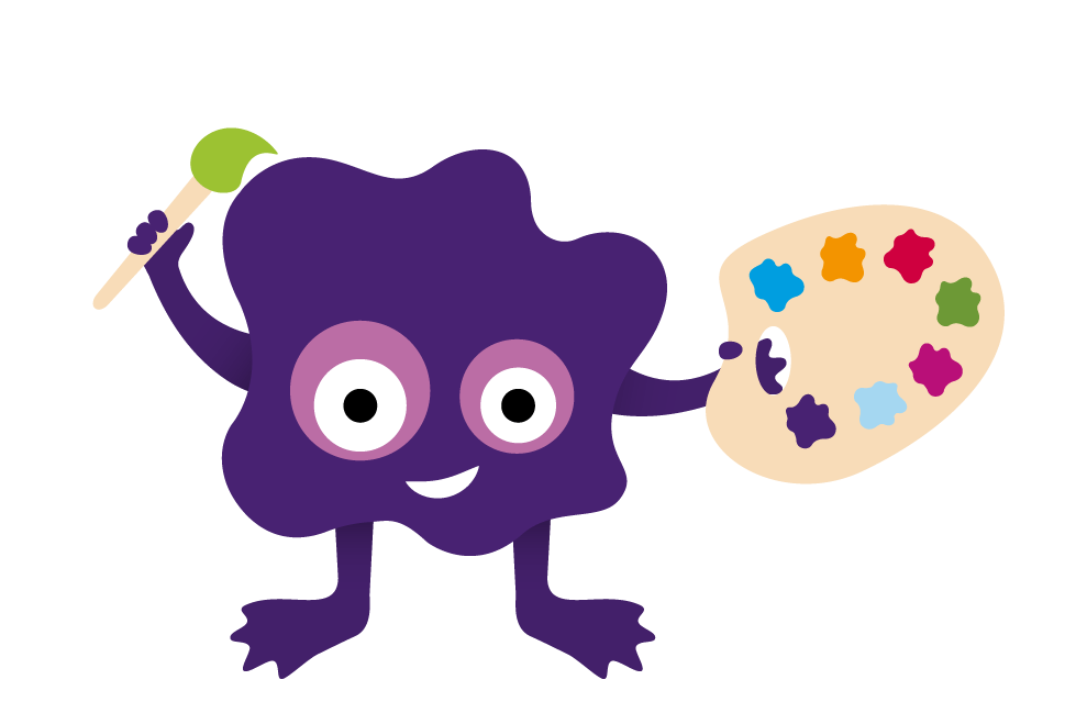 Kreativa, en av våra lärvänner (figurer) med en målarpalett i handen